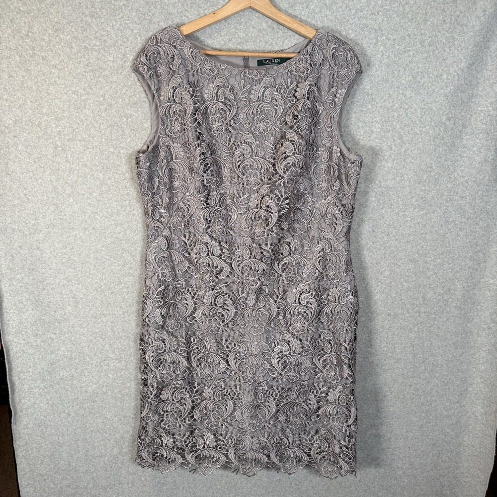 LAUREN RALPH LAUREN Women's Gray Scalloped Lace-inset Sheath Dress 18